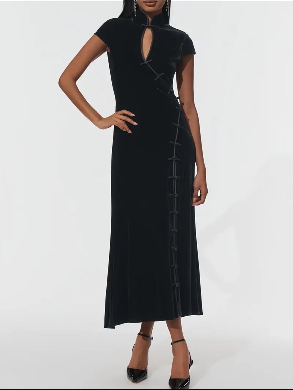 Women’s Black Velvet Mandarin Maxi Dress with Side Knot Detail